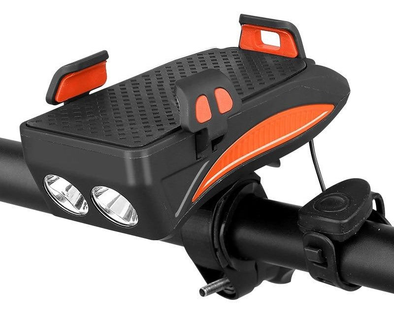 MEELANO 4-i-1 Cykelgadget – Mobilholder til Cykel med Powerbank, LED Cykellygte og Horn, 4000 mAh, 4 Farver Orange