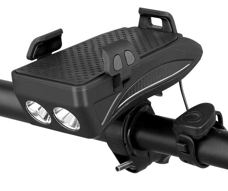 MEELANO 4-i-1 Cykelgadget – Mobilholder til Cykel med Powerbank, LED Cykellygte og Horn, 4000 mAh, 4 Farver Sort