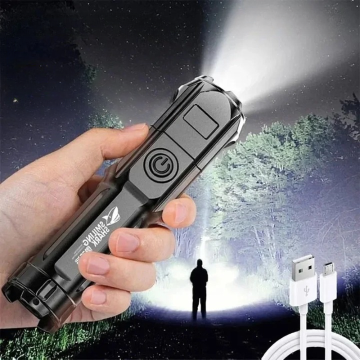 MEELANO Kraftig LED-lommelygte med Zoom – USB-genopladelig Campinglommelygte med Flere Lystilstande, Lang Rækkevidde