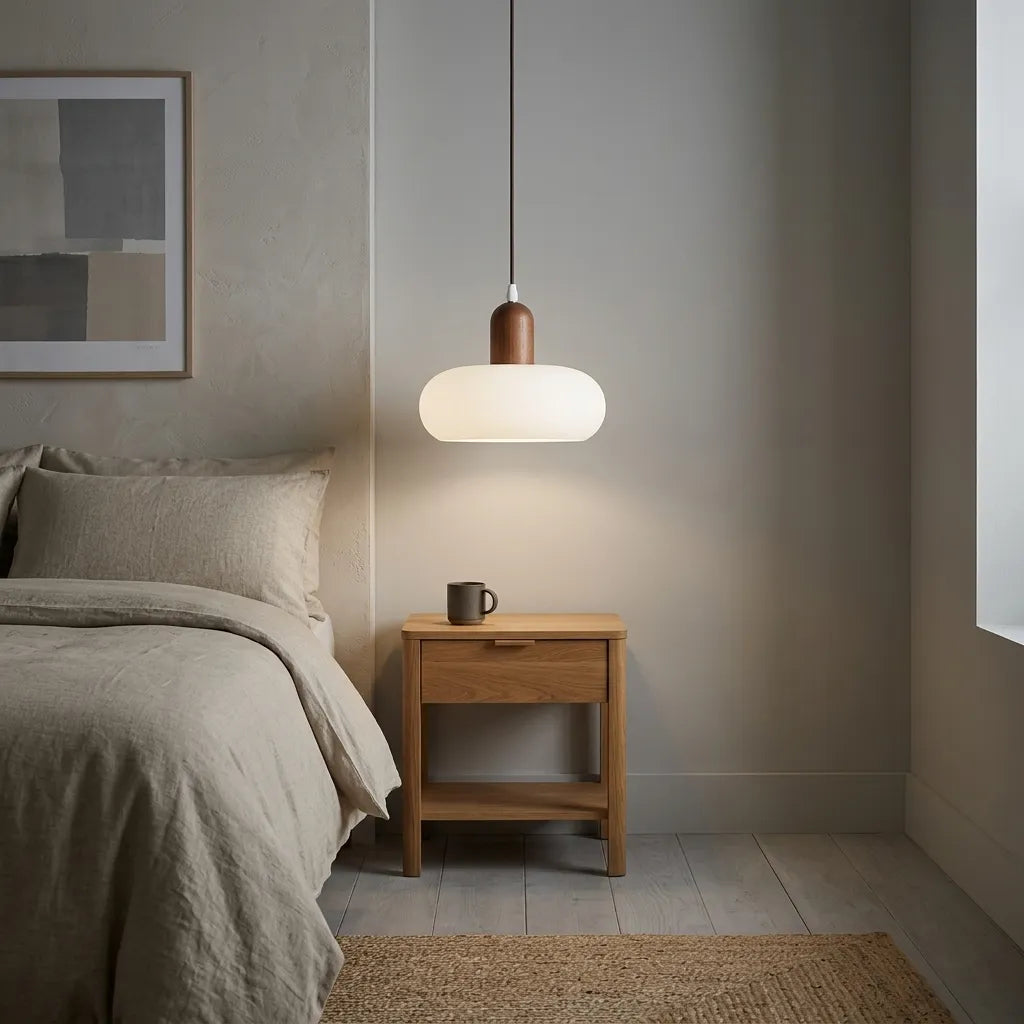 Pendel over Spisebord – Skandinavisk Pendellampe i Træ og Glas med Varm LED 3000K, Ø 28 cm