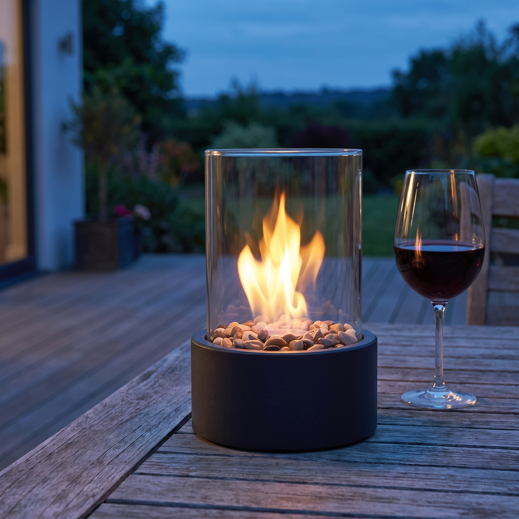 MEELANO Bordlampe til Terrasse – Trådløs Udendørs Lampe med Flammeeffekt, Genopladelig, Sort Aluminium, op til 15 Timer