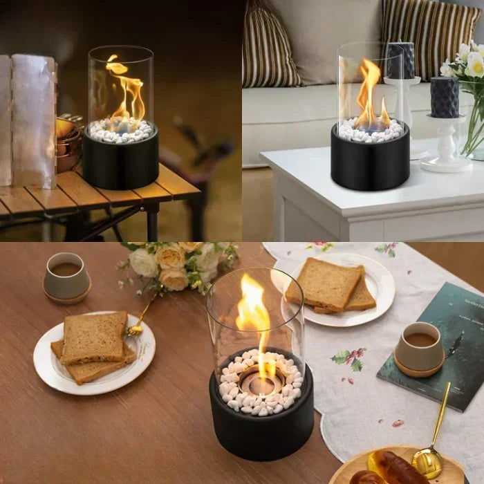 MEELANO Bordlampe til Terrasse – Trådløs Udendørs Lampe med Flammeeffekt, Genopladelig, Sort Aluminium, op til 15 Timer