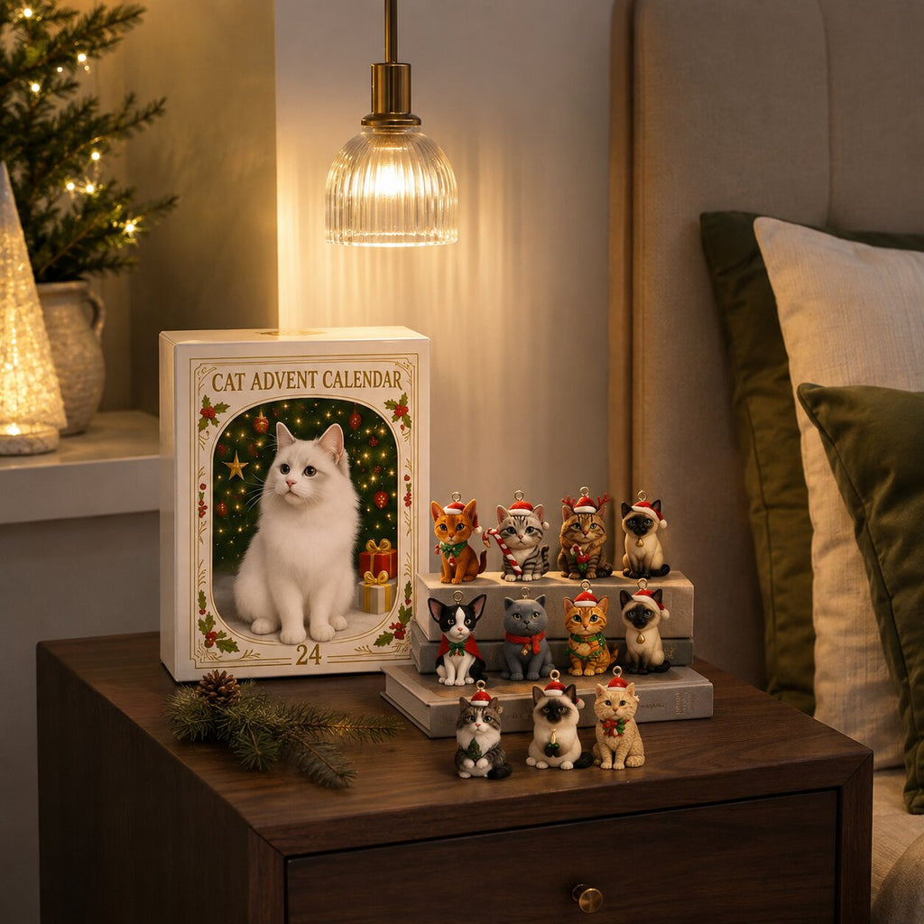 MEELANO Julekalender til Katteelskere 2026 – Adventskalender med 24 Kattefigurer i Julemotiver, Gave til Kattefans
