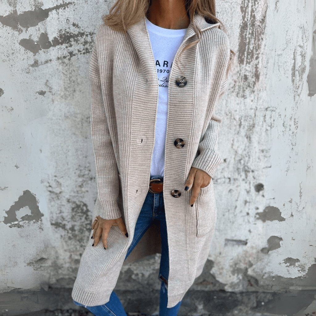 MEELANO Dame Lang Strikcardigan - Varm og Blød til Efteråret Beige