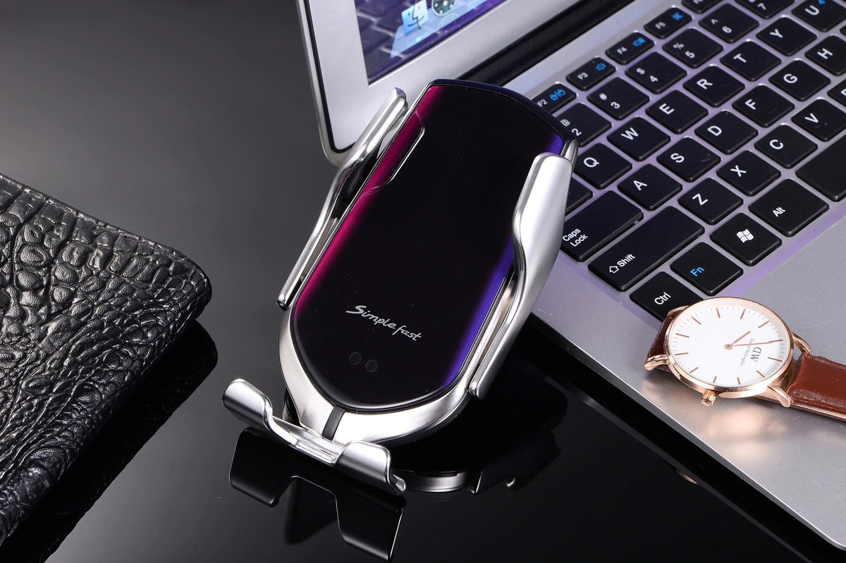 MEELANO Automatisk Mobilholder til Bil med Trådløs Oplader – Qi Telefonholder med Infrarød Sensor & 360° Rotation – GripCharge