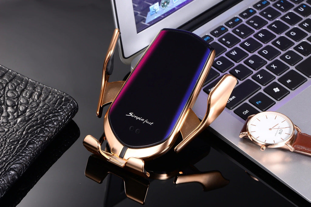 MEELANO Automatisk Mobilholder til Bil med Trådløs Oplader – Qi Telefonholder med Infrarød Sensor & 360° Rotation – GripCharge
