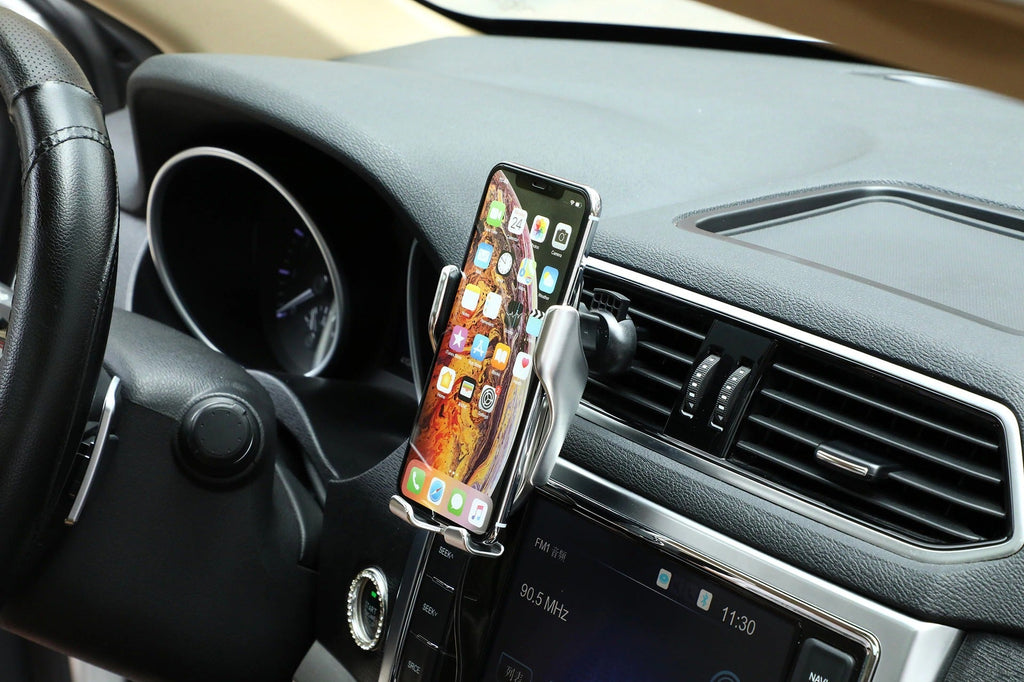 MEELANO Automatisk Mobilholder til Bil med Trådløs Oplader – Qi Telefonholder med Infrarød Sensor & 360° Rotation – GripCharge