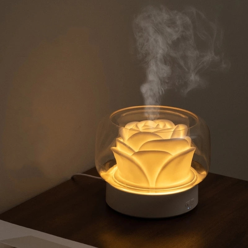 MEELANO Luksus Aroma-Diffuser med LED-Belysning – Duftdiffuser med Stemningslys, Isbjerg eller Rose Design – AromaGlow Rose