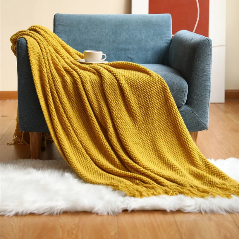 MEELANO Strikket Plaid med Kvaster – Blødt Akryl Tæppe i Merinould-look til Sofa & Seng, 9 Farver, 127x172 eller 130x220 cm Gul