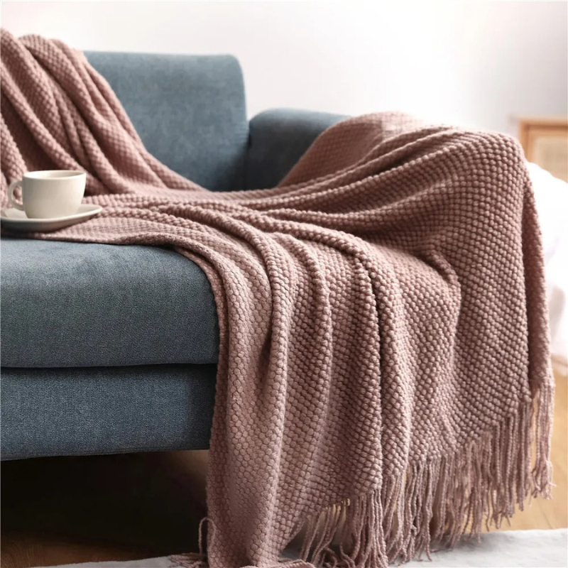 MEELANO Strikket Plaid med Kvaster – Blødt Akryl Tæppe i Merinould-look til Sofa & Seng, 9 Farver, 127x172 eller 130x220 cm Pink