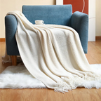 MEELANO Strikket Plaid med Kvaster – Blødt Akryl Tæppe i Merinould-look til Sofa & Seng, 9 Farver, 127x172 eller 130x220 cm Hvid