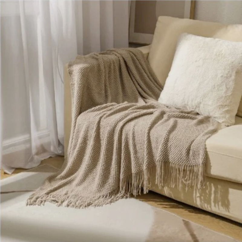 MEELANO Strikket Plaid med Kvaster – Blødt Akryl Tæppe i Merinould-look til Sofa & Seng, 9 Farver, 127x172 eller 130x220 cm Mørk khaki