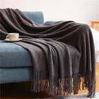 MEELANO Strikket Plaid med Kvaster – Blødt Akryl Tæppe i Merinould-look til Sofa & Seng, 9 Farver, 127x172 eller 130x220 cm Mørkegrå