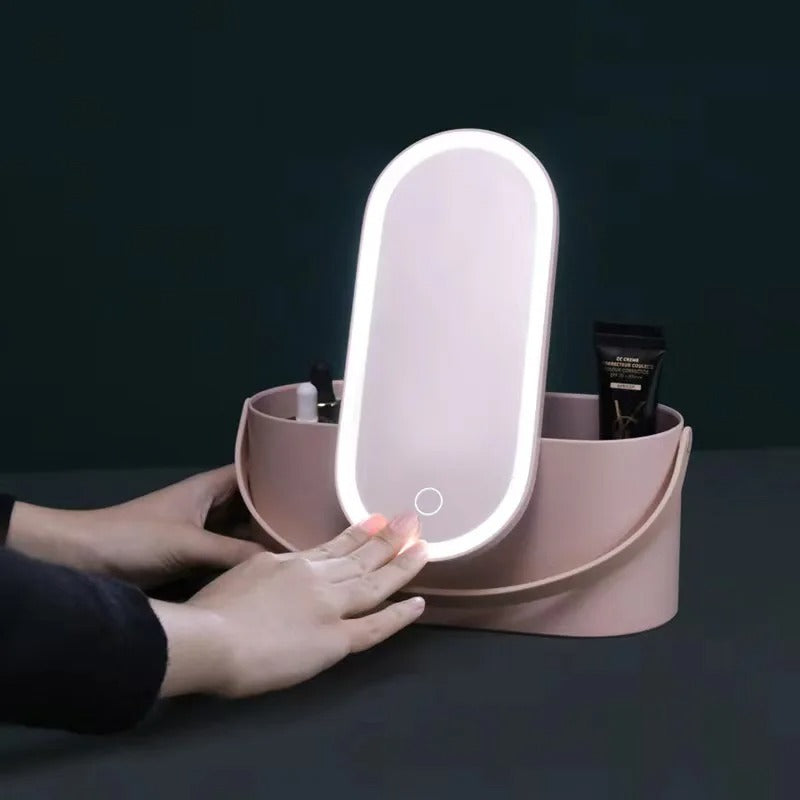 MEELANO Makeupkuffert med LED Spejl – Rejse Makeup Taske med Lys og Justerbare Rum, Pink, Hvid eller Farveovergang – Lumivault