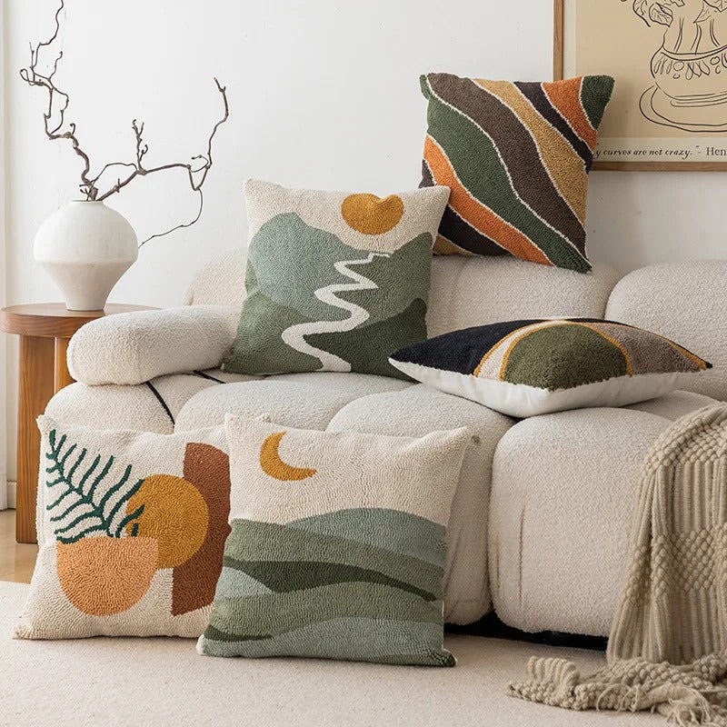 MEELANO Velour Pude Betræk Med Tuftede Sømme Og Abstrakt Solnedgang Bjerg Måne