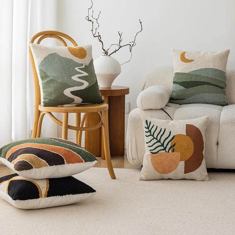 MEELANO Velour Pude Betræk Med Tuftede Sømme Og Abstrakt Solnedgang Bjerg Måne