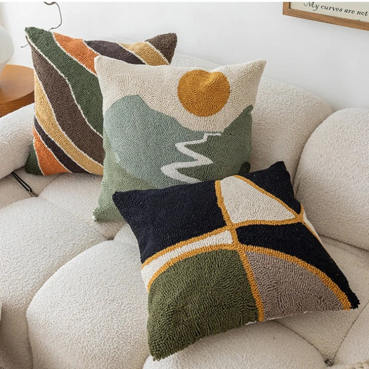 MEELANO Velour Pude Betræk Med Tuftede Sømme Og Abstrakt Solnedgang Bjerg Måne