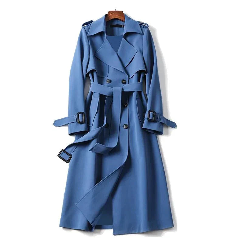MEELANO Dame Elegant Lang Trenchcoat Til Efterår Med Flatterende Pasform Blå