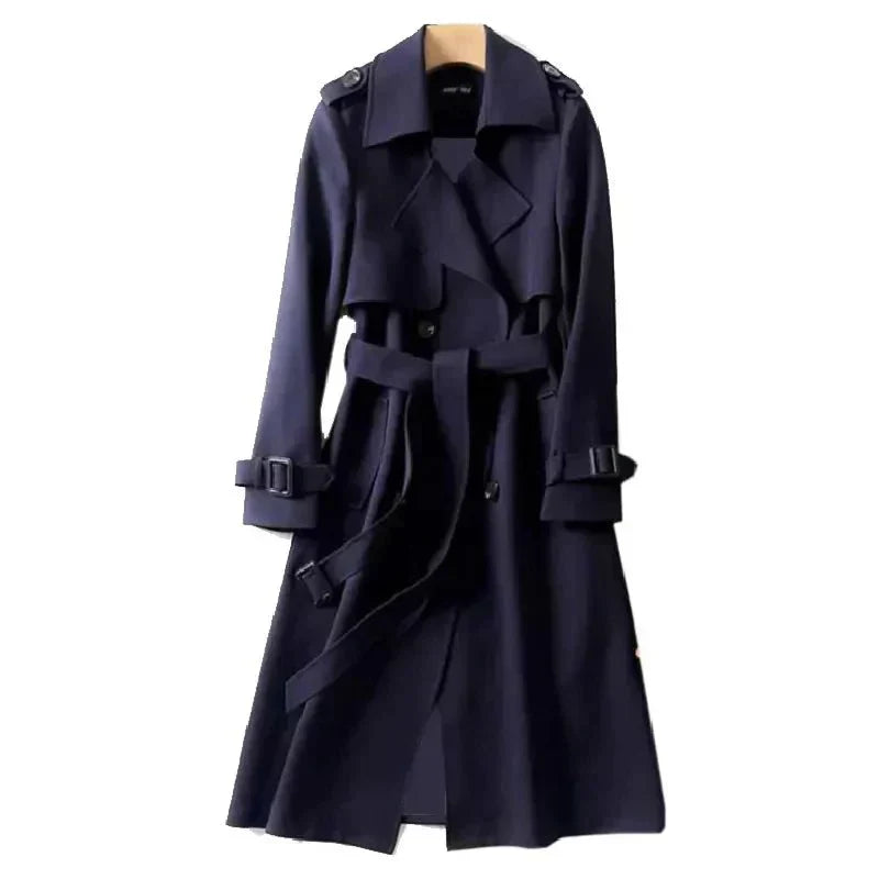 MEELANO Dame Elegant Lang Trenchcoat Til Efterår Med Flatterende Pasform Mørkeblã