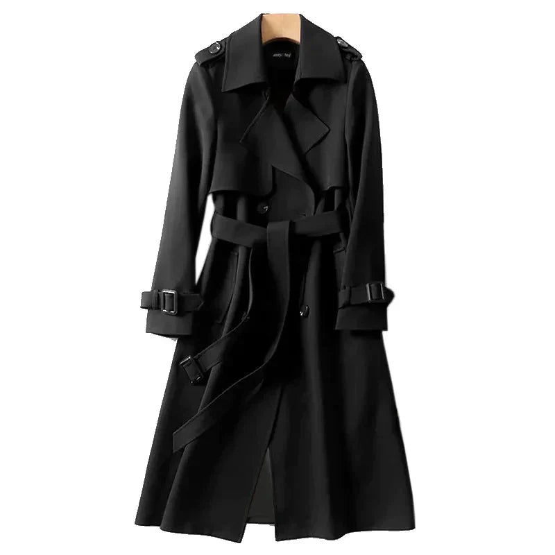 MEELANO Dame Elegant Lang Trenchcoat Til Efterår Med Flatterende Pasform Sort