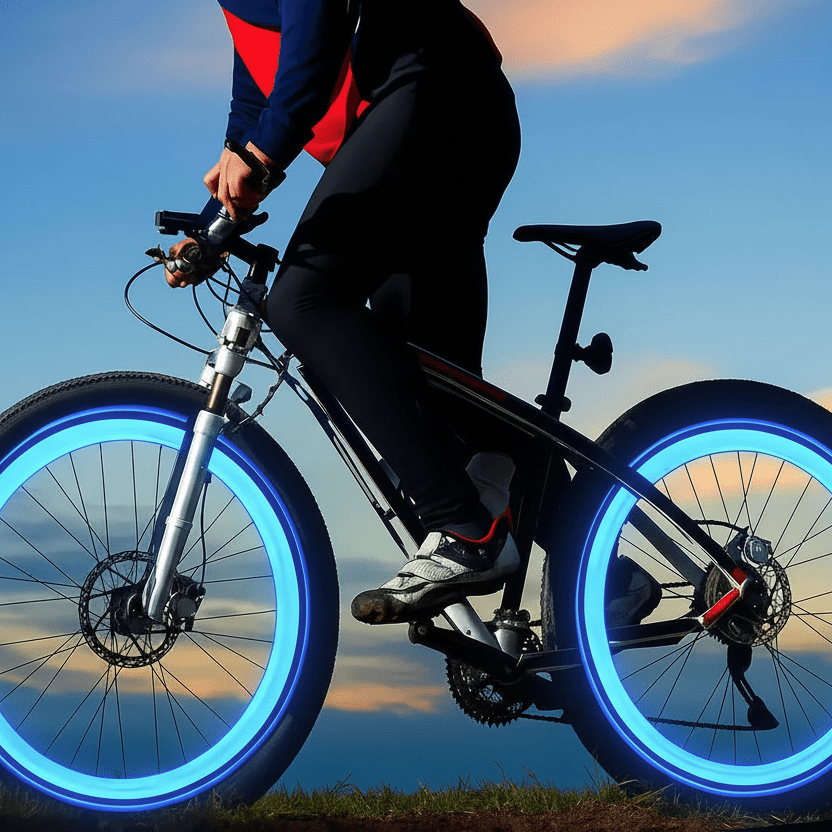 A person riding a black mountain bike outdoors at sunset, with the bicycle's wheels illuminated by bright blue LED light rings against a blue sky.