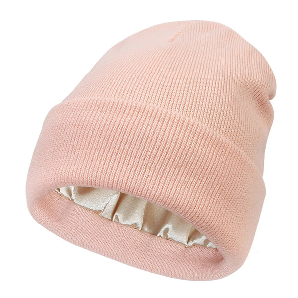 MEELANO Hue med Satinfoer – Varm Vinterhue i Uld & Silke, Skånsom mod Håret, Mindre Statisk Hår, One Size, 11 Farver – Pamelo Pink