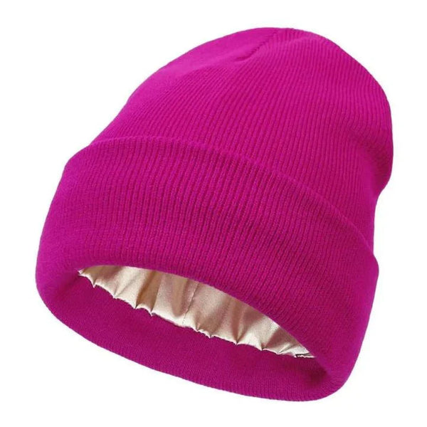 MEELANO Hue med Satinfoer – Varm Vinterhue i Uld & Silke, Skånsom mod Håret, Mindre Statisk Hår, One Size, 11 Farver – Pamelo Magenta