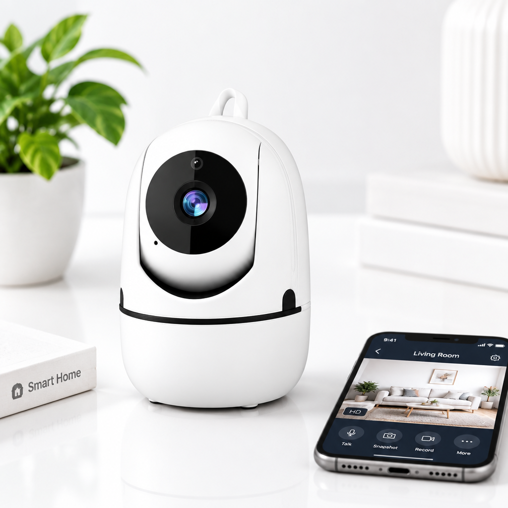 Roterende WiFi-indekamera – Babykamera & Hundekamera med 355° Rotation, Automatisk Tracking, 1080p, Uden Abonnement – HomeView Mini