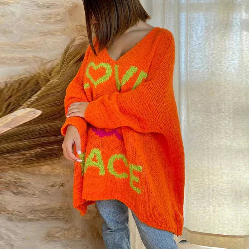 MEELANO Peace & Love | Strikket Sweater til Damer Orange