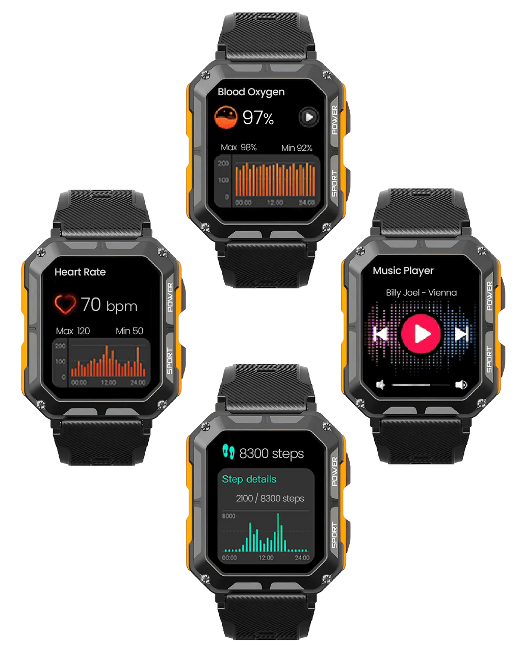 MEELANO Robust Smartwatch med Pulsmåler & Skridttæller – Outdoor Ur med Stemmestyring til Vandring & Arbejde, Sort eller Orange – EnduranceX