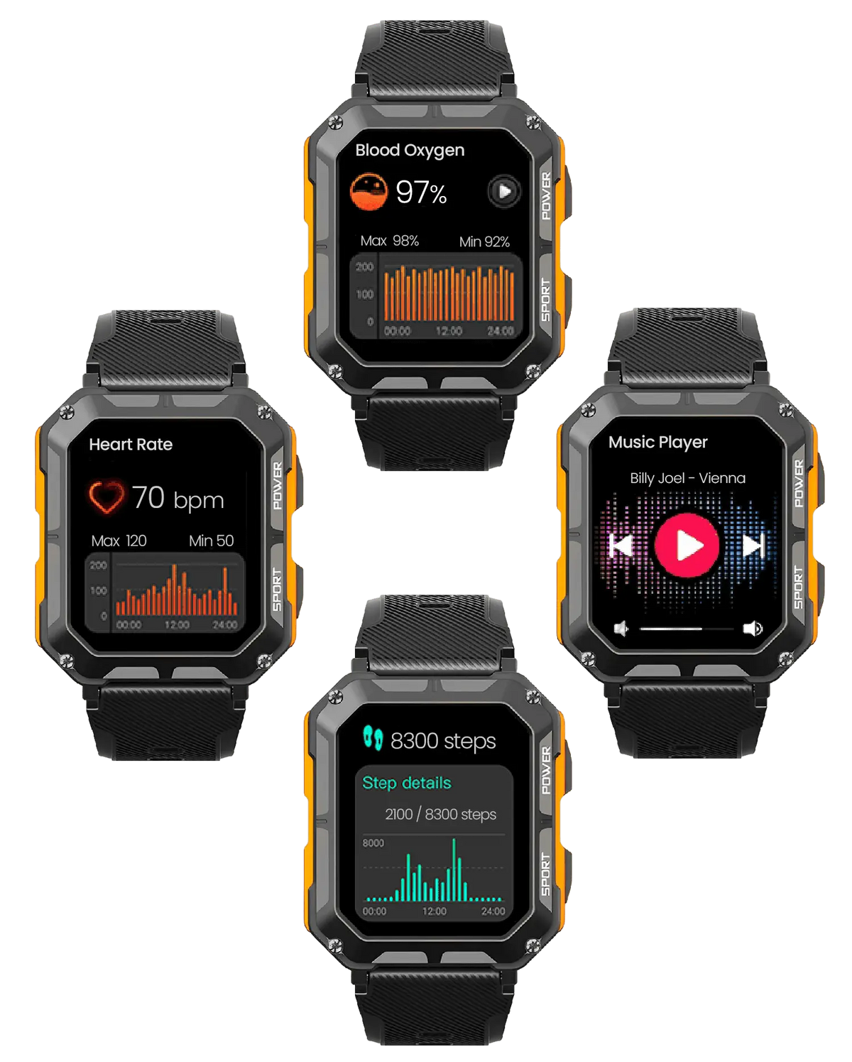 MEELANO Robust Smartwatch med Pulsmåler & Skridttæller – Outdoor Ur med Stemmestyring til Vandring & Arbejde, Sort eller Orange – EnduranceX