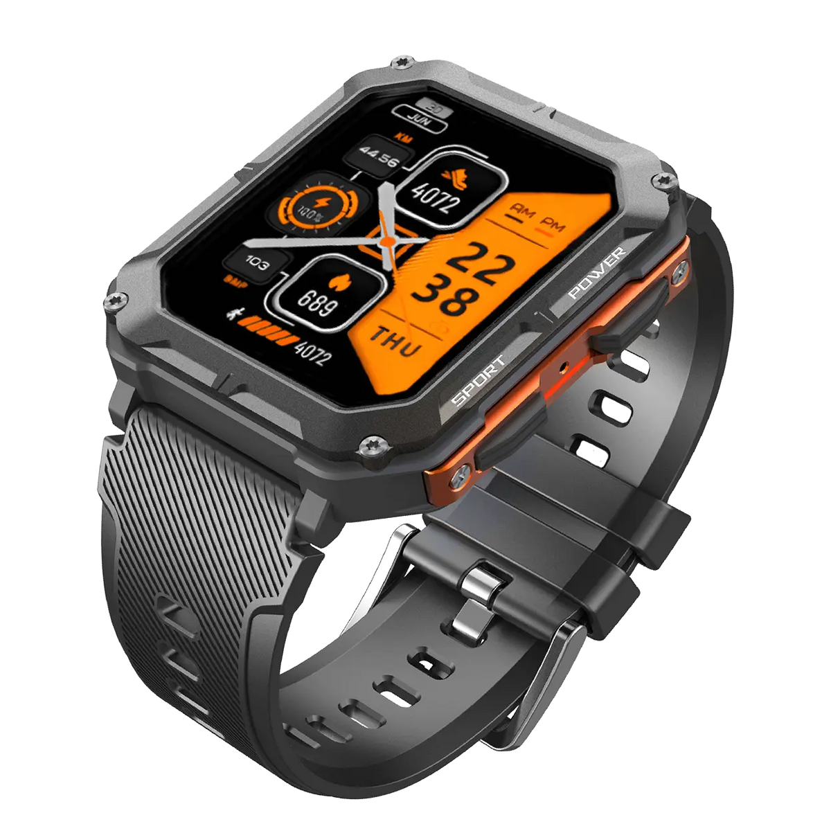 MEELANO Robust Smartwatch med Pulsmåler & Skridttæller – Outdoor Ur med Stemmestyring til Vandring & Arbejde, Sort eller Orange – EnduranceX