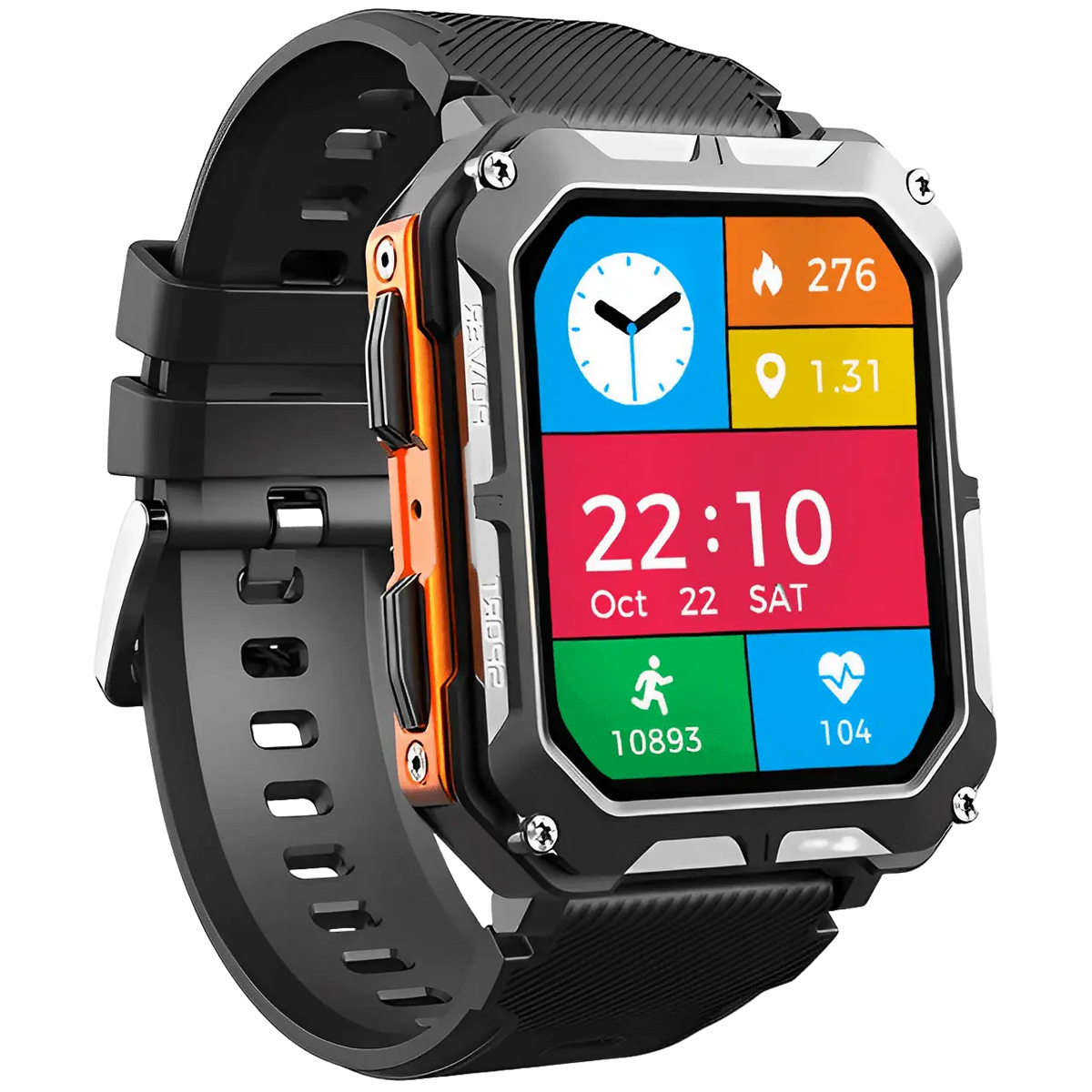 MEELANO Robust Smartwatch med Pulsmåler & Skridttæller – Outdoor Ur med Stemmestyring til Vandring & Arbejde, Sort eller Orange – EnduranceX