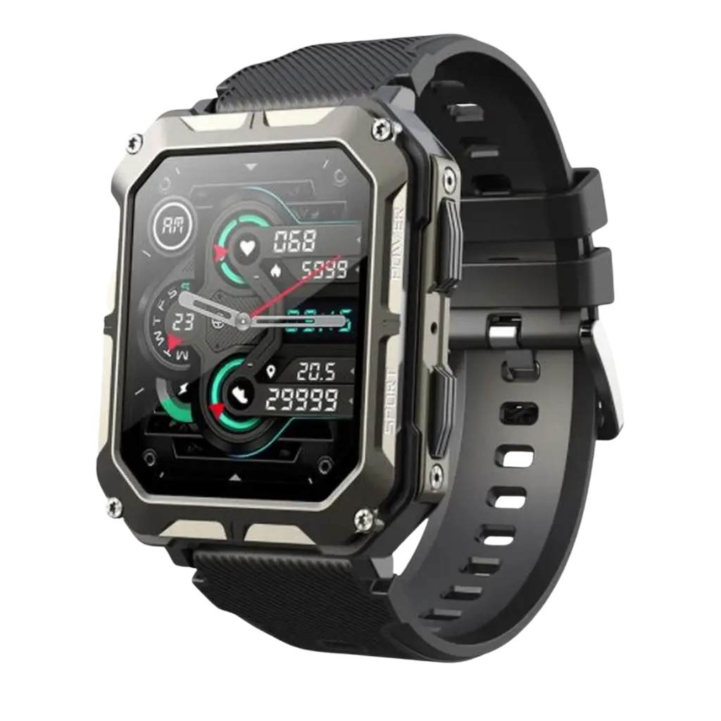 MEELANO Robust Smartwatch med Pulsmåler & Skridttæller – Outdoor Ur med Stemmestyring til Vandring & Arbejde, Sort eller Orange – EnduranceX Sort
