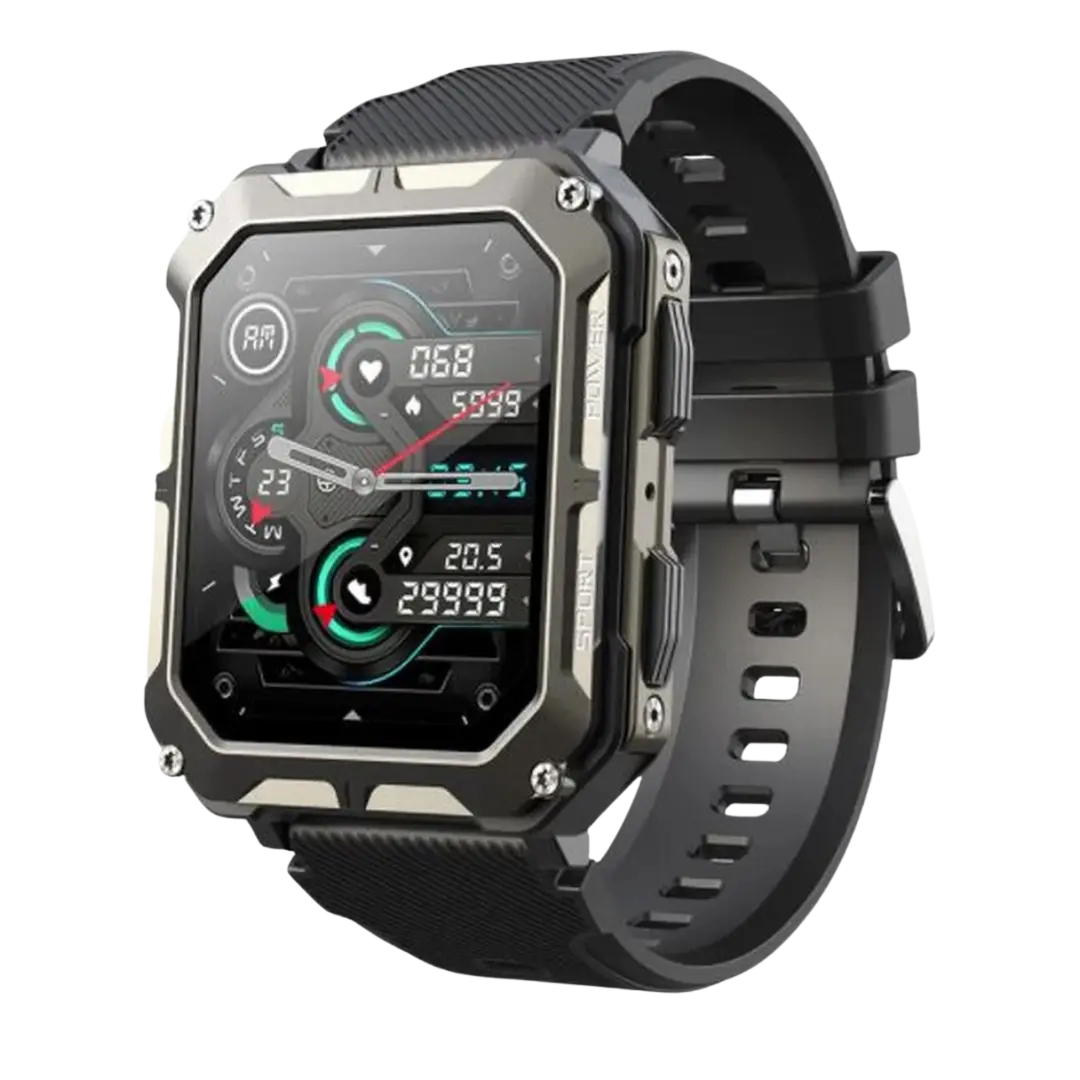 MEELANO Robust Smartwatch med Pulsmåler & Skridttæller – Outdoor Ur med Stemmestyring til Vandring & Arbejde, Sort eller Orange – EnduranceX Sort
