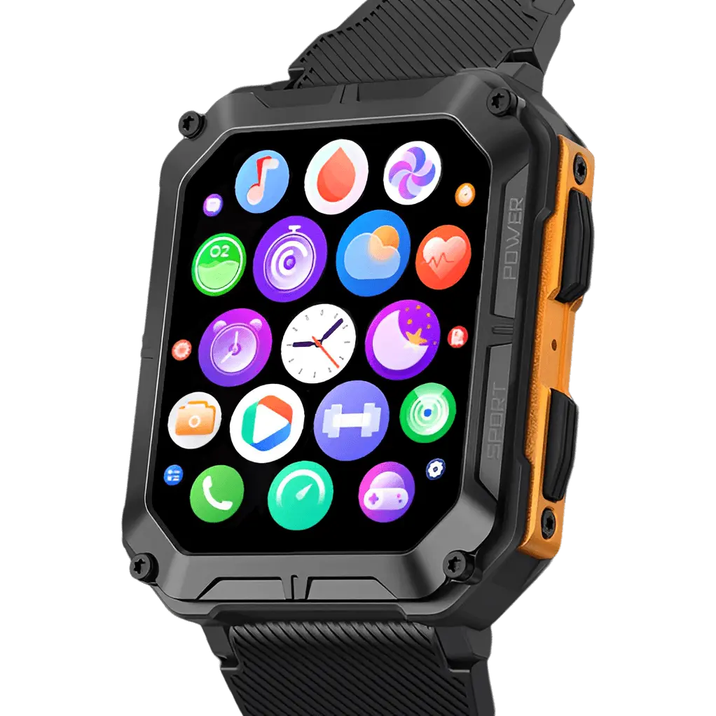 MEELANO Robust Smartwatch med Pulsmåler & Skridttæller – Outdoor Ur med Stemmestyring til Vandring & Arbejde, Sort eller Orange – EnduranceX Orange