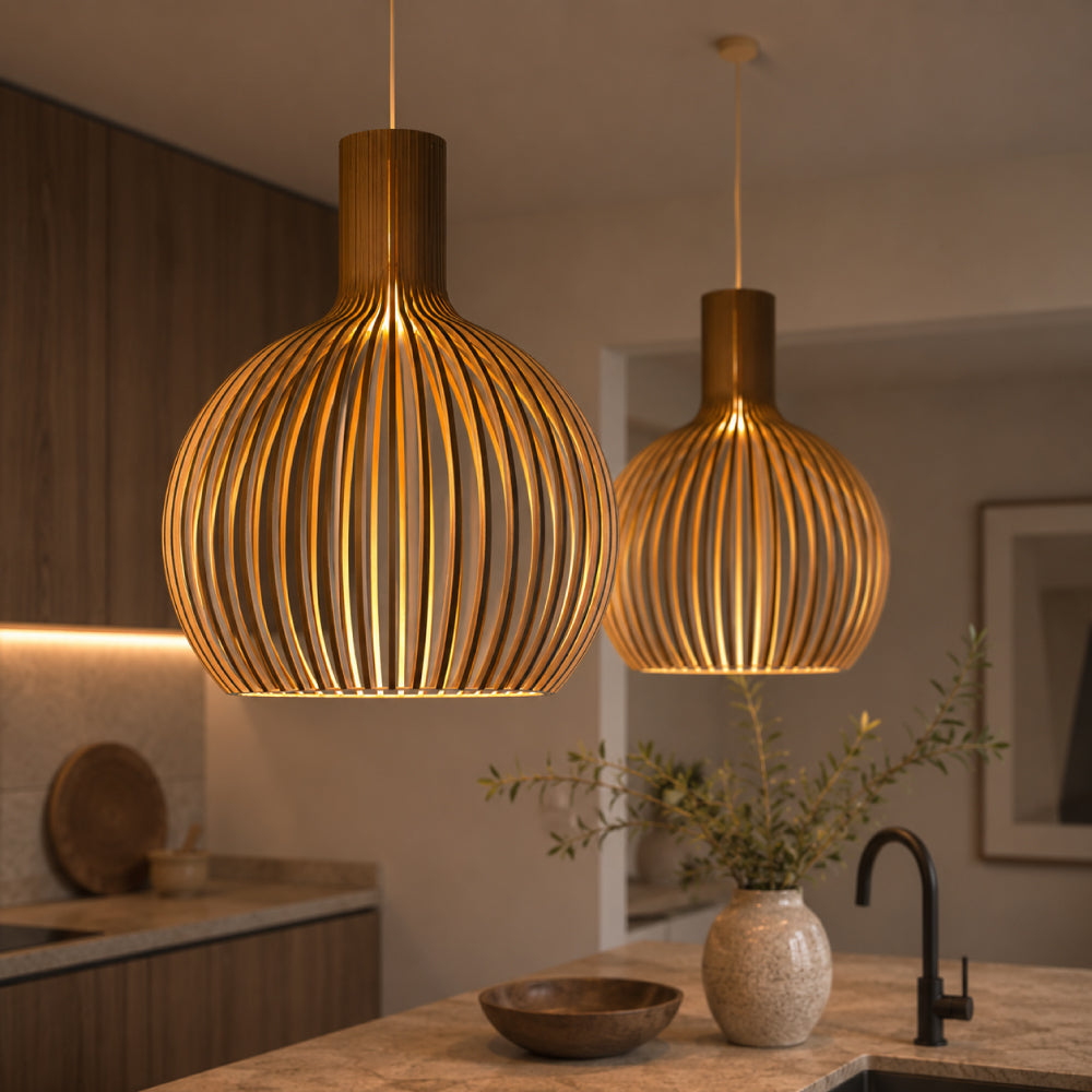Skandinavisk Pendellampe i Træ – Lameldesign til Spisebord