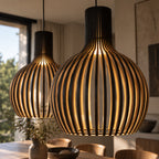 Skandinavisk Pendellampe i Træ – Lamel Loftlampe til Spisebord, E27, Ø23 / Ø35 / Ø45 cm