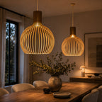 Skandinavisk Pendellampe i Træ – Lamel Loftlampe til Spisebord, E27, Ø23 / Ø35 / Ø45 cm