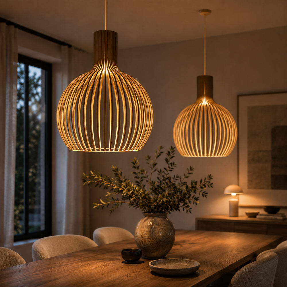 Skandinavisk Pendellampe i Træ – Lamel Loftlampe til Spisebord, E27, Ø23 / Ø35 / Ø45 cm