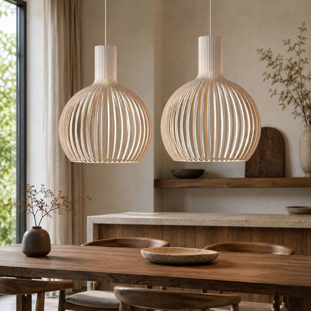 Skandinavisk Pendellampe i Træ – Lamel Loftlampe til Spisebord, E27, Ø23 / Ø35 / Ø45 cm