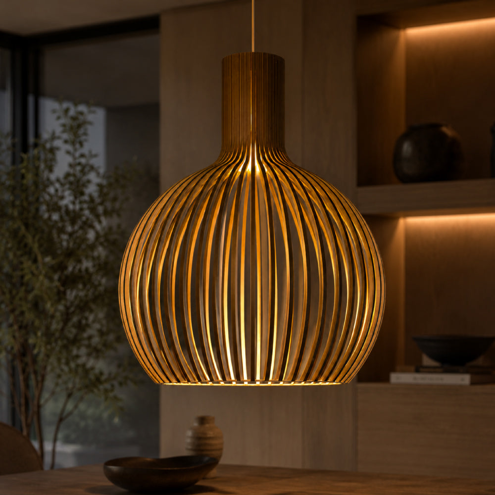 Skandinavisk Pendellampe i Træ – Lamel Loftlampe til Spisebord, E27, Ø23 / Ø35 / Ø45 cm