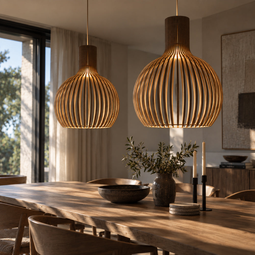 Skandinavisk Pendellampe i Træ – Lamel Loftlampe til Spisebord, E27, Ø23 / Ø35 / Ø45 cm