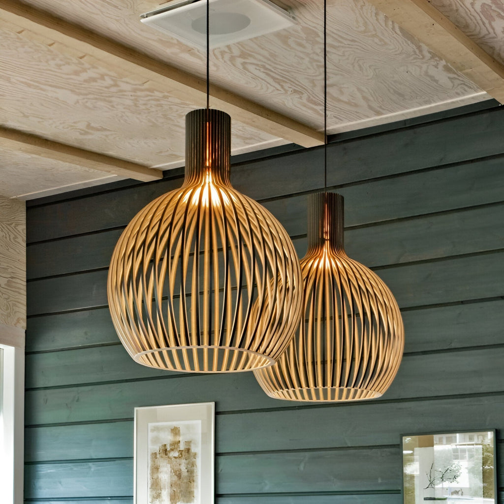 Skandinavisk Pendellampe i Træ – Lamel Loftlampe til Spisebord, E27, Ø23 / Ø35 / Ø45 cm
