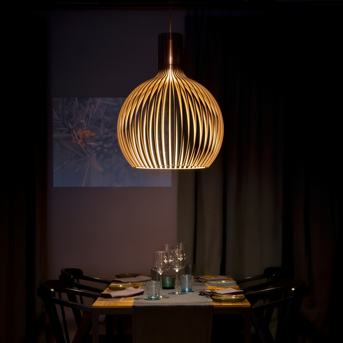Skandinavisk Pendellampe i Træ – Lamel Loftlampe til Spisebord, E27, Ø23 / Ø35 / Ø45 cm