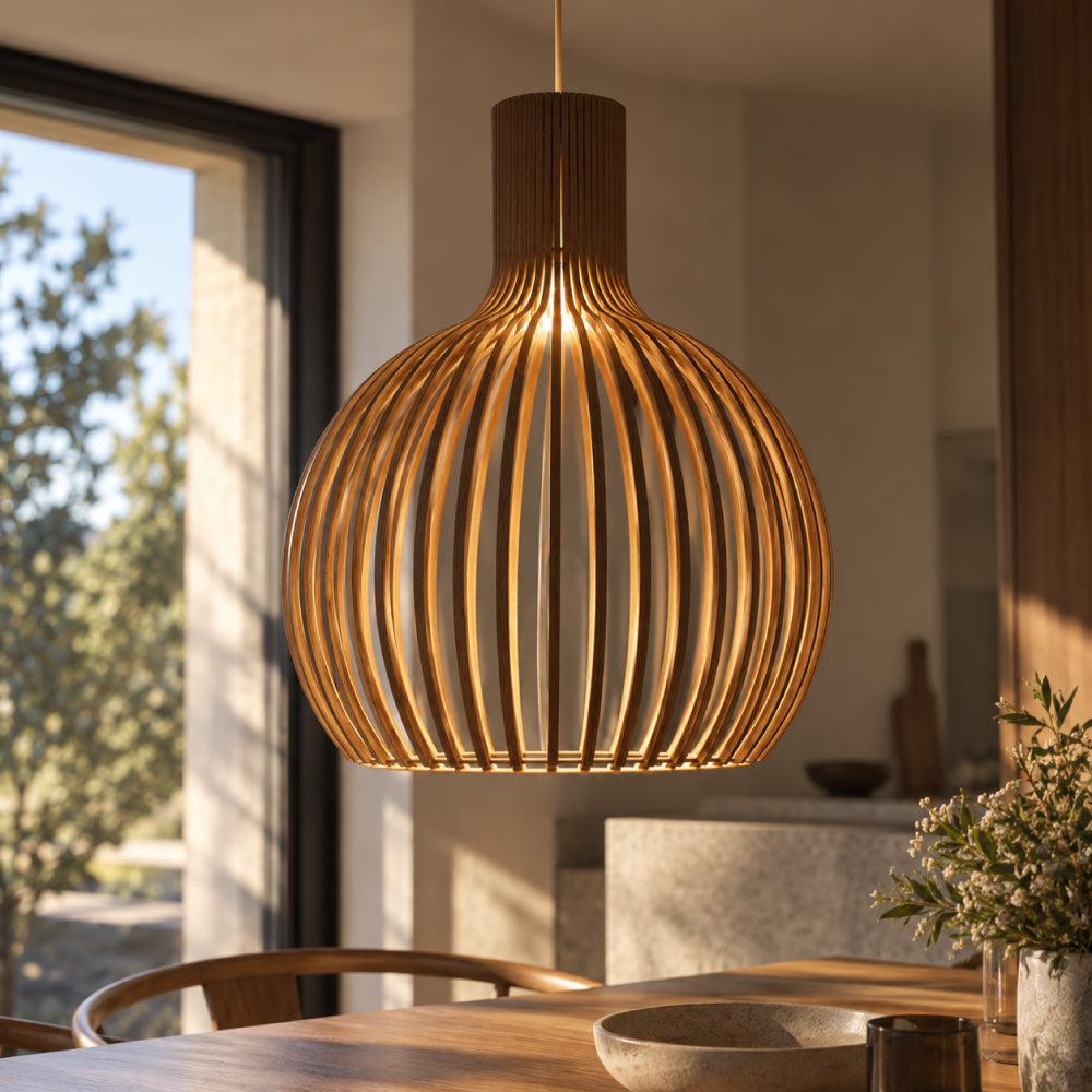 Skandinavisk Pendellampe i Træ – Lamel Loftlampe til Spisebord, E27, Ø23 / Ø35 / Ø45 cm