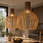 Skandinavisk Pendellampe i Træ – Lamel Loftlampe til Spisebord, E27, Ø23 / Ø35 / Ø45 cm