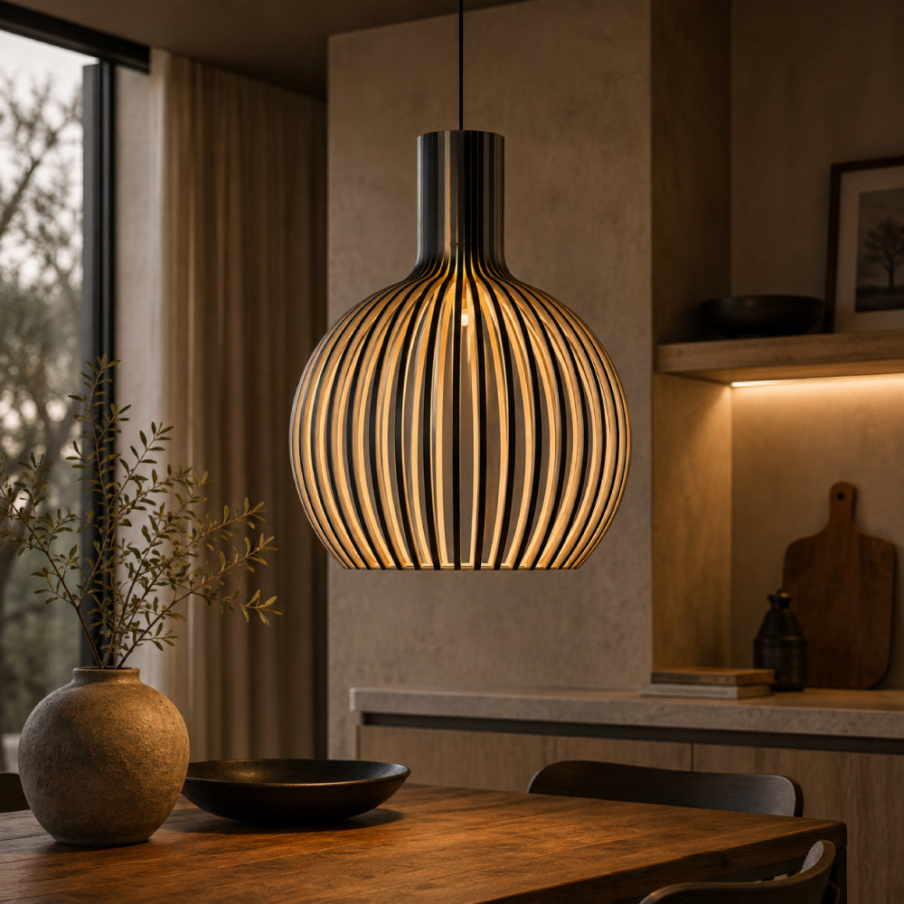 Skandinavisk Pendellampe i Træ – Lamel Loftlampe til Spisebord, E27, Ø23 / Ø35 / Ø45 cm