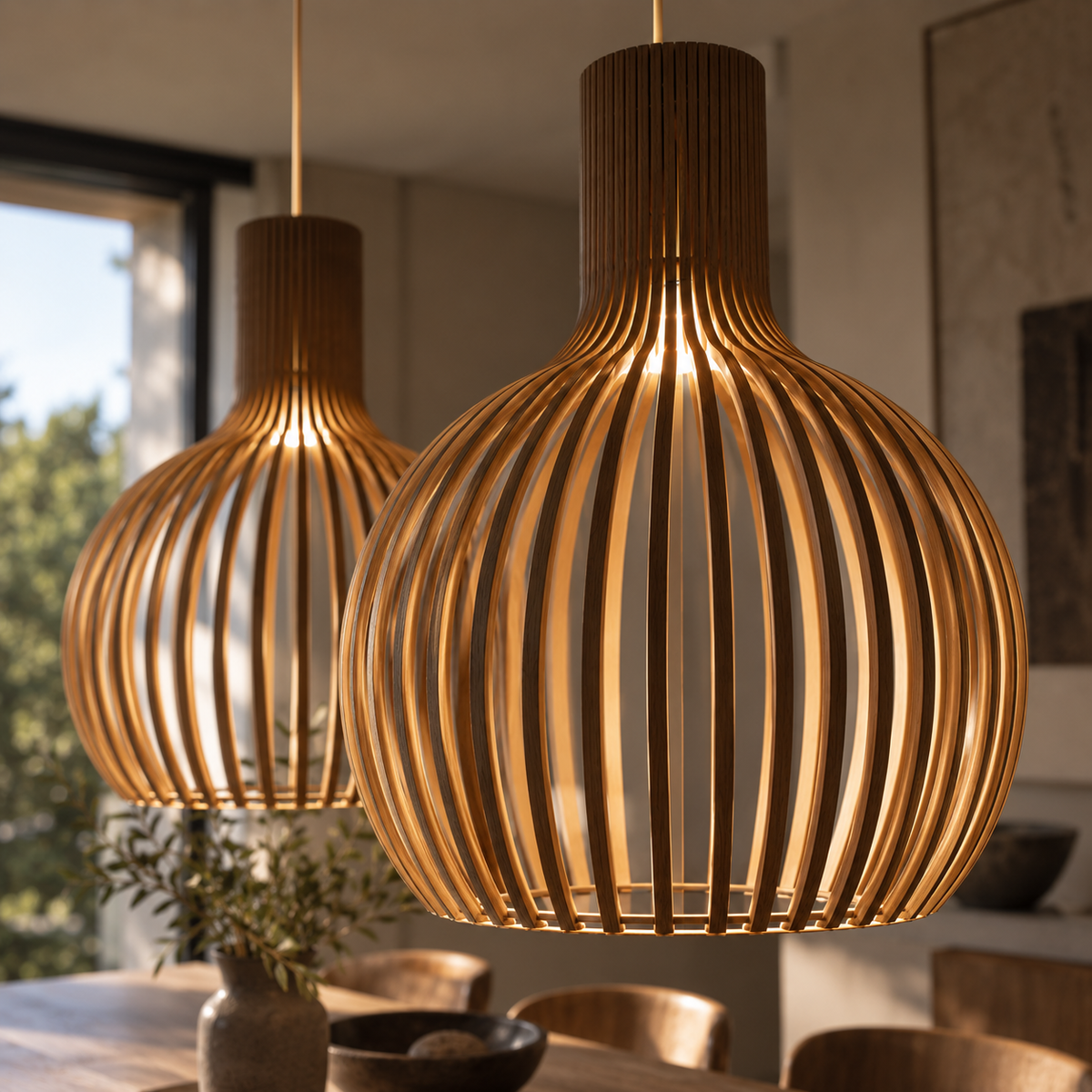 Skandinavisk Pendellampe i Træ – Lamel Loftlampe til Spisebord, E27, Ø23 / Ø35 / Ø45 cm
