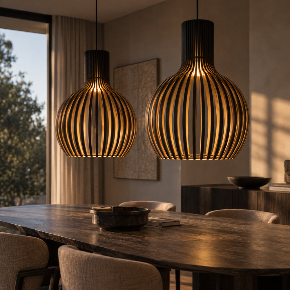 Skandinavisk Pendellampe i Træ – Lamel Loftlampe til Spisebord, E27, Ø23 / Ø35 / Ø45 cm